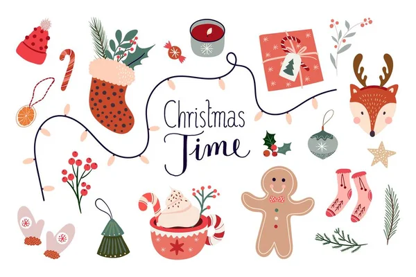 Éléments Temps Noël Collection Avec Design Saisonnier Hiver Illustration Vectorielle — Image vectorielle