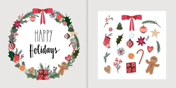 Рождественский Набор Открытками Приглашением Плакатом Цветочной Рамкой Зимним Сезонным Дизайном — стоковый вектор