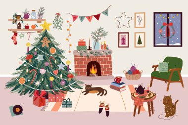 Christmas winter cozy interior with Christmas tree, fireplace, gifts, vector design clipart