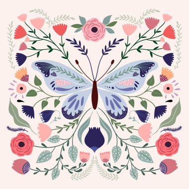 Spring summer butterfly composition, poster, greeting card with flowers in bloom, different plants, elegant design