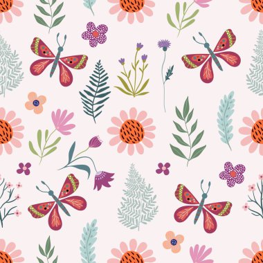 Spring summer seamless pattern, with flower, butterflies and leaves, seasonal wallpaper
