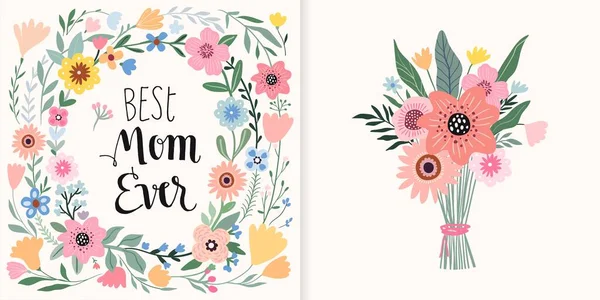 母亲节最佳妈妈贺卡 鲜花花束和花框传单 节日设计 — 图库矢量图片