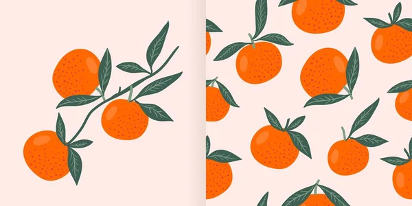Μανταρίνια Πορτοκαλί Φρούτα Που Αδιάλειπτη Μοτίβο Και Κάρτα Αφίσα Κλαδί — Διανυσματικό Αρχείο