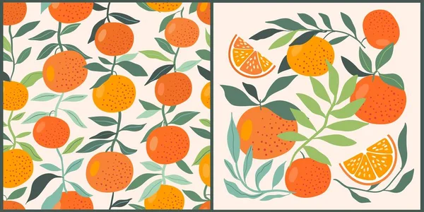 Set Été Avec Des Oranges Compris Motif Sans Couture Fond — Image vectorielle