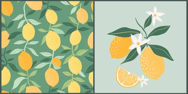Καλοκαίρι Χωρίς Ραφή Μοτίβο Και Αφίσα Κάρτα Λεμόνια Υποκατάστημα Φρούτα — Διανυσματικό Αρχείο