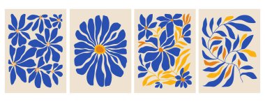 Çiçek tasarımlı soyut çağdaş posterler, estetik minimalist arka plan seti, mavi ve sarı renkli modern moda duvar süslemesi