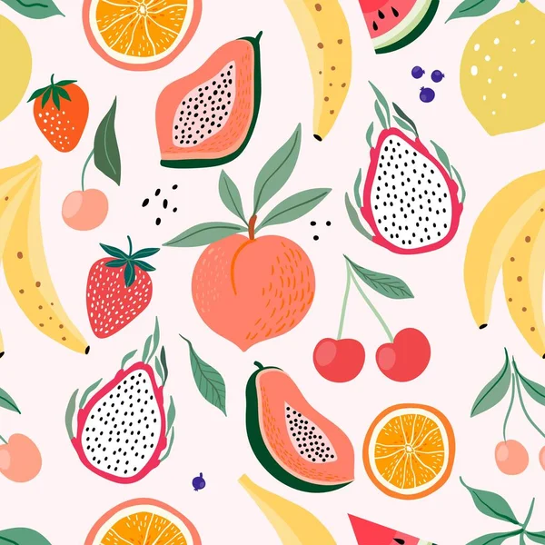 Summer Seamless Pattern Different Fresh Fruits Decorative Seasonal Wallpaper Background — Stock Vector