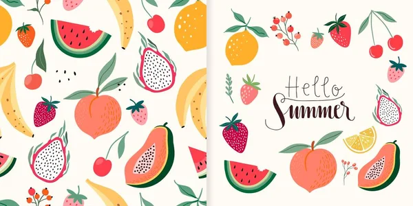 Letní Set Hladkým Vzorem Pozvánkou Plakát Přání Pozdravu Různé Ovoce — Stockový vektor