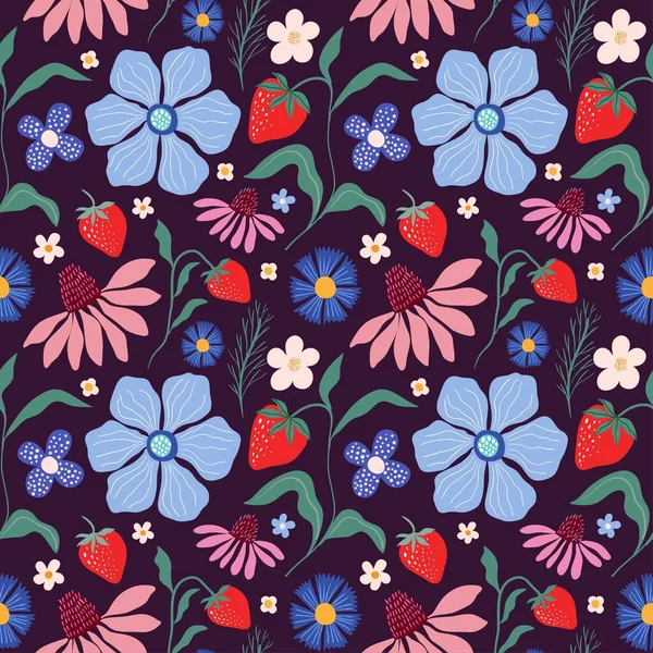 イチゴと花の花の装飾的なシームレスなパターン 夏の壁紙 装飾的な背景 — ストックベクタ