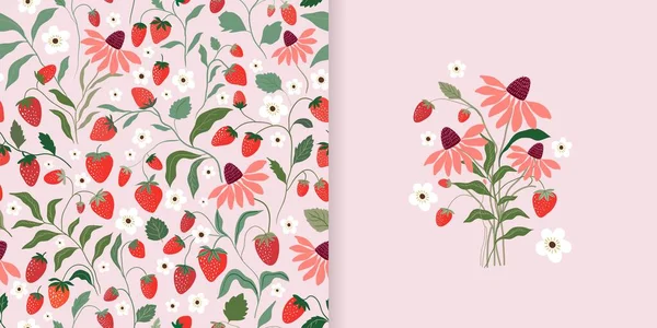 Patrón Sin Costuras Verano Diseño Tarjetas Con Fresas Flores Silvestres — Vector de stock
