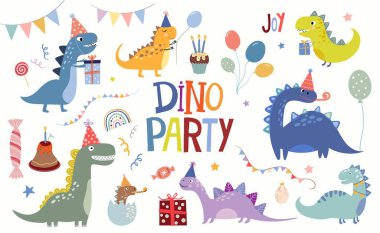Dino Partisi koleksiyonu farklı türde dinozorların festival tasarımına sahiptir; yıl dönümü elementleri beyaz arka planda izole edilmiştir