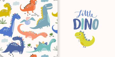 Kusursuz desenli ve tebrik kartı veya davetiyeli küçük dinozor seti; farklı tipte şirin dinozorlar, arka plan duvar kağıdı, çocuk odası, tekstil, ambalaj kağıdı için kullanışlı
