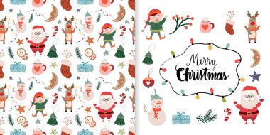 Kusursuz desenli Noel seti, duvar kağıdı, arka plan ve tebrik kartı, şirin elementler, Noel Baba, kardan adam, ren geyiği, mevsimlik kış tasarımı