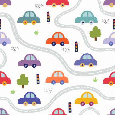 Renkli arabaları olan çocuksu kusursuz desenler, çocuklar için oda dekorasyonu, vektör. 