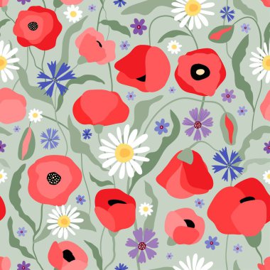 Haşhaş ve kır çiçekleriyle kusursuz yaz deseni, yaz dekoratif duvar kâğıdı