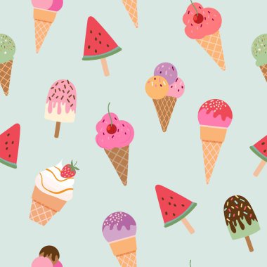Farklı dondurma ve dekoratif duvar kağıdıyla kusursuz yaz deseni.