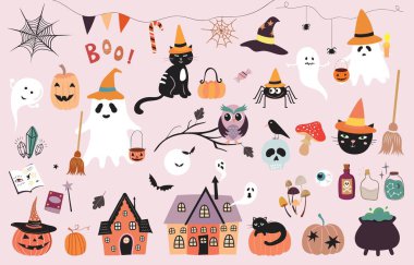 Cadılar Bayramı elementleri koleksiyonu, balkabağı, hayalet, siyah kediler ve özel nesneler