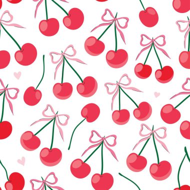 Coquette cherry seamless pattern, elegant trendy background with fresh fruits and bows, spring summer wallpaper clipart