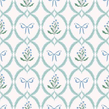 Bahar çiçekleri ve mavi kurdeleli klasik dikişsiz desen, zarif çiçek buketleri duvar kağıtları, modaya uygun arka plan.