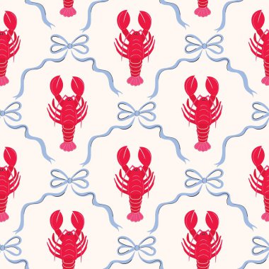 Kırmızı ıstakoz pürüzsüz desen, kabuklu ve fiyonklu retro stil duvar kağıdı.