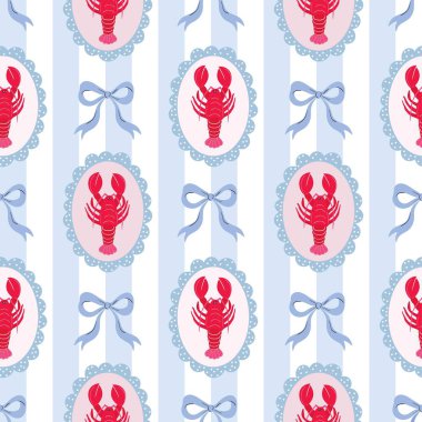 Kırmızı ıstakoz ve fiyonklarla dekoratif desenli, deniz retro-duvar kağıdı.