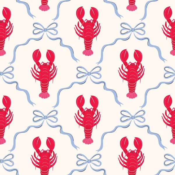 Kırmızı ıstakoz pürüzsüz desen, kabuklu ve fiyonklu retro stil duvar kağıdı.