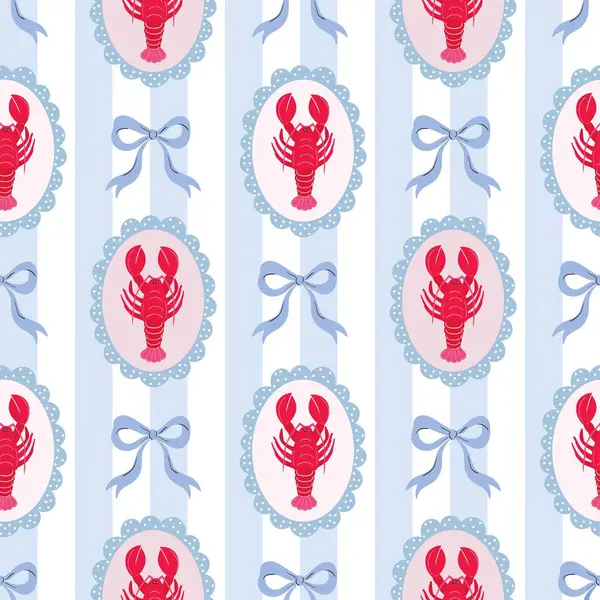 Kırmızı ıstakoz ve fiyonklarla dekoratif desenli, deniz retro-duvar kağıdı.