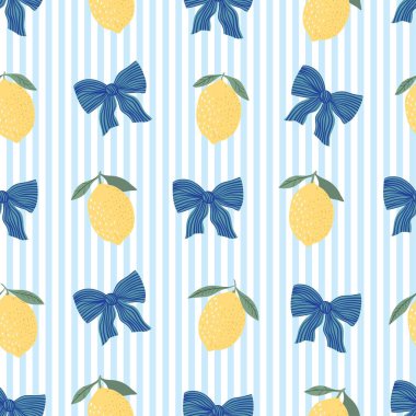 Çizgili bir zemin üzerinde limonlu ve fiyonklu kusursuz yaz deseni, retro tarzı duvar kağıdı