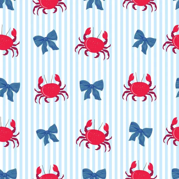 Kırmızı ıstakoz ve fiyonklu, düz çizgili yaz deseni, dekoratif deniz kağıdı.