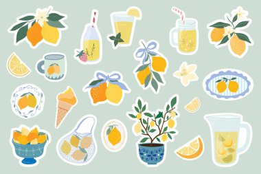 Limon etiketleri koleksiyonu, estetik elementler yaz için ideal, Akdeniz atmosferi