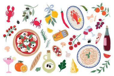 İtalyan yemek unsurları koleksiyonu, özel Akdeniz menüsü, pizza, makarna, ıstakoz, limon, domates, sardalya vektörü çizimi