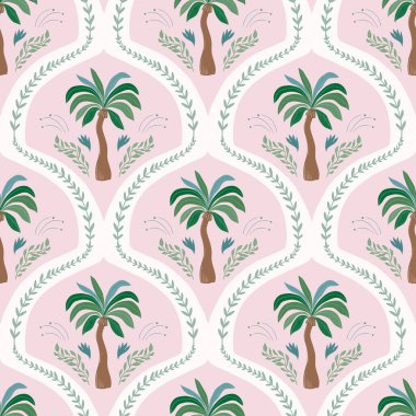 Eski tarz palmiye ağacı deseni, yaz duvar kağıdı, Victoria dönemi arkaplanı.