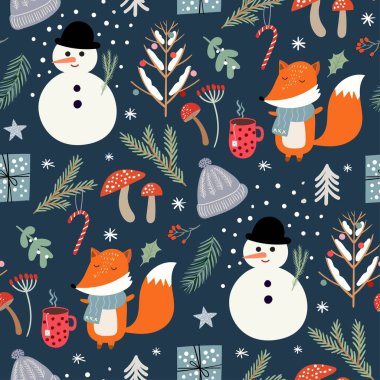 Kardan adam, şirin tilkiler, dekoratif duvar kâğıdı, tatil için hediye paketi.