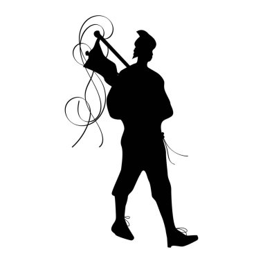 Bagpiper playing the instrument in the traditional attire with flowing details.standing bagpipe player silhouette image isolated on a white background.scottish,irish bagpipe performer contour. clipart