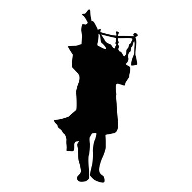 Gaydacı enstrümanı akışkan detaylarla geleneksel kıyafetle çalıyor. Beyaz bir arka planda izole edilmiş gaydacı silueti görüntüsü. İskoç, İrlandalı gayda sanatçısı hatları..