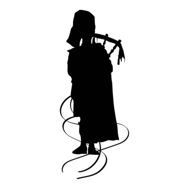 Bagpiper playing the instrument in the traditional attire with flowing details.standing bagpipe player silhouette image isolated on a white background.scottish,irish bagpipe performer contour. clipart