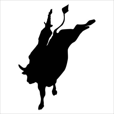 Beyaz arka planda boğa siluetine binen şapkalı bir kovboy. Sert rodeo, agresif bir boğaya biniyor. Amerika 'nın batısında popüler bir rodeo binicilik yarışması..