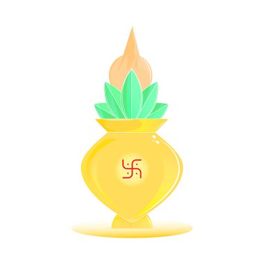 A Kumbha of Hinduism used in poojas,denoting prosperity and good fortune.The Kumbha kalasha,with mango leaves and coconut,signifies divine blessings, abundance and positivity.Kumba isolated on white clipart