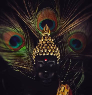 Arka planda tavus kuşu tüyü olan gülen Buda idolü. Buda 'nın sakin meditasyondaki güzel arkaplan görüntüsü. Meditasyon için huzurlu ve rahatlatıcı bir zemin. Sakin ve huzurlu bir zemin..