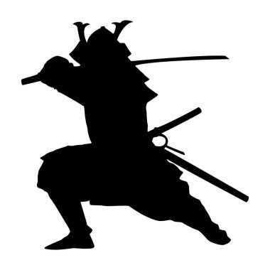 Samurayların silueti, beyaz arka plan üzerinde izole edilmiş kılıçlar ve zırhlarla savaşıyor. Japon cesur samuray savaşçısı, savaş vektör çizimleri için güçlü bir duruş sergiliyor..