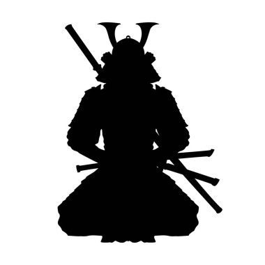 Japon samuray savaşçısının kılıçlarıyla meditasyon yapması beyaz arka plan üzerinde izole edilmiş. Yoganın nilüfer poziyonunda oturan sakin samuray meditasyon modunda. Samuray meditasyon ikonu.