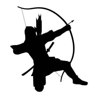 Ok ve yayla hedefi ya da düşmanı hedef alan samuray savaşçısı. Japon samuray savaşçı okçusu uzun yay silueti grafik ikonunu hedefliyor. Beyaz arka plan izole edilmiş. Yaylı ikonu olan geleneksel okçu.