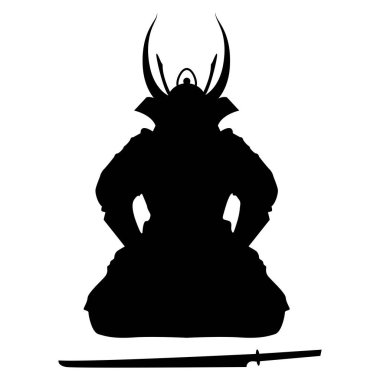 Japon samuray savaşçısı beyaz arka plan üzerinde izole edilmiş bir kılıçla meditasyon yapıyor. Sakin samuray meditasyon modunda meditasyon yapıyor. Samuray meditasyon ikonu.