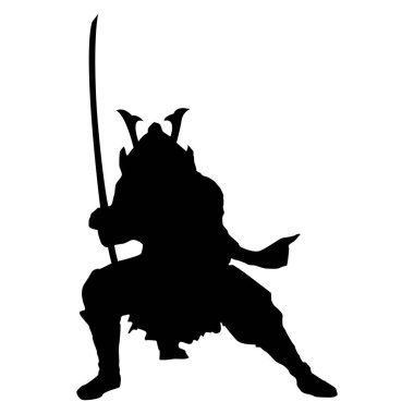 Samurayların silueti, beyaz arka plan üzerinde izole edilmiş kılıçlar ve zırhlarla savaşıyor. Japon cesur samuray savaşçısı, savaş vektör çizimleri için güçlü bir duruş sergiliyor..