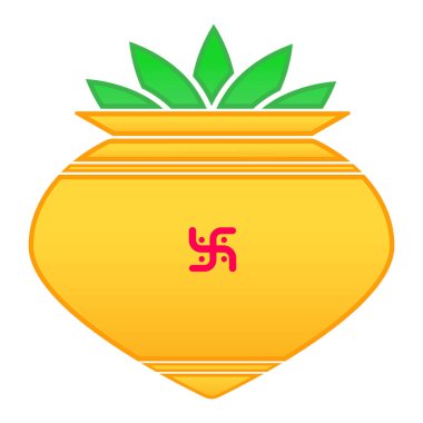 Yeşil mango yapraklı altın gradyan kumbha illüstrasyonu tasarım ve refah kırmızı gamalı haç sembolü Hindistan ve Hindu geleneklerinde pozitifliği, zenginliği ve iyi cazibeyi temsil ediyor..