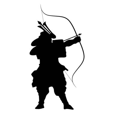 Ok ve yaylı samuray savaşçısı hedefi ya da düşmanı hedef alıyor. Japon samuray savaşçı okçu uzun yay siluet grafik ikonu beyaz arkaplanı izole etti. Yaylı geleneksel okçu. Bölüm 10 vektör grafik simgesini düzenlemeye hazır..