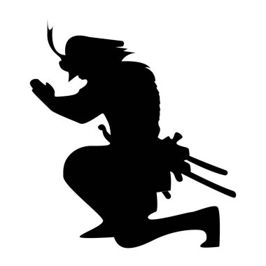 Samuray savaşçısı dua etmek için eğiliyor. Kılıçlı ve zırhlı Japon savaşçısı Tanrı 'ya, bilinçaltına ve benliğine boyun eğiyor. Bölüm 10 vektör grafik simgesini düzenlemeye hazır..