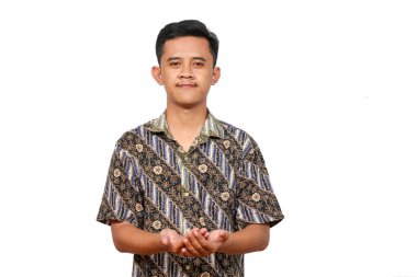 Asian man in batik clothes asking for money, isolated on white background clipart