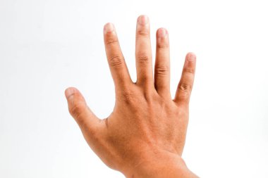 Parmaklar beş numarayı gösteriyor, beyaz arkaplanda izole edilmiş.