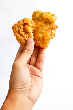 Kızarmış tempeh ve kızarmış tofu beyaz arka planda izole edilmiş.
